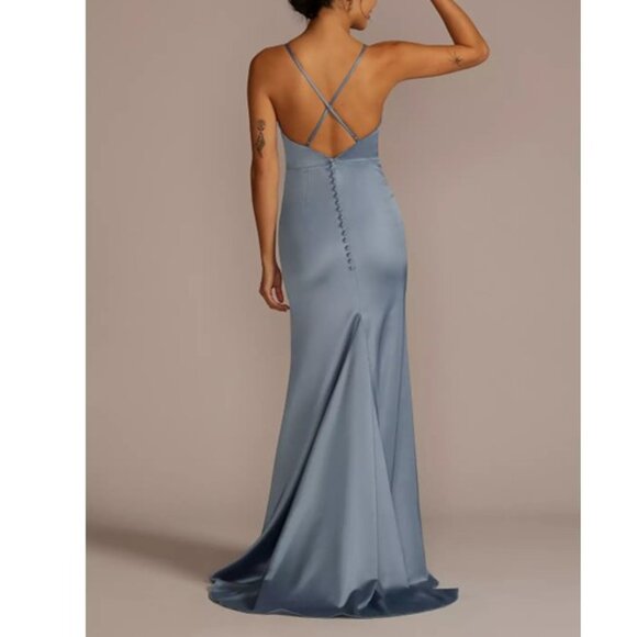 Galina Signature Black Satin Spaghetti Strap Mermaid Dress Gown Sz 18 Glam Goth - Picture 4 of 16